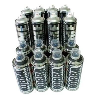 KOBRA Aerosol Spray Paint Pack 3: 8 Matt Black cans (400ml) and 8 Krome cans (600ml).