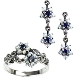 Gemini Silver Natural Seed Pearl Earrings & Ring Set, Sapphire - Dahlia Vintage Collection