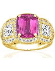 18K Yellow Gold Cushion Cut Pink Sapphire Ring With Sidestones