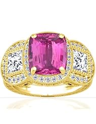 14K Yellow Gold Cushion Cut Pink Sapphire Ring With Sidestones