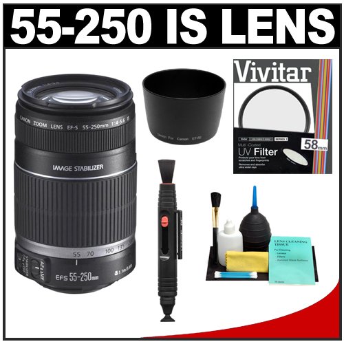 Canon EF-S 55-250mm f/4.0-5.6 IS Telephoto Zoom Lens + UV Filter & Lens Hood + Cleaning Kit for Digital Rebel XS, XSi, XT, XTi, XSi, T1i, T2i, EOS 40D, 50D, 60D & 7D Digital SLR Camera