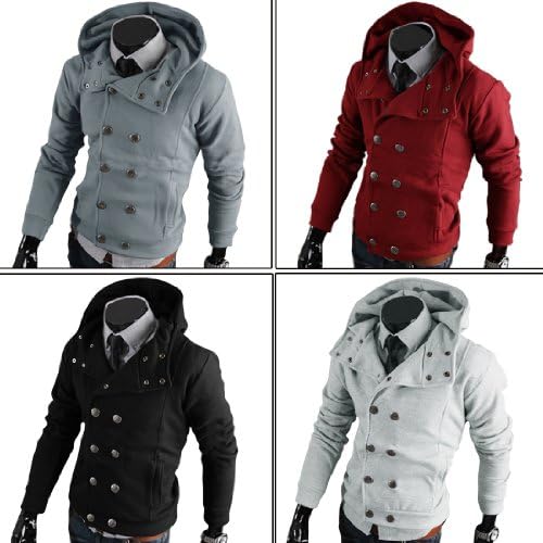 Mens Convertible Collar Double Breasted Casual Hooded Coat