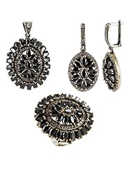 Sterling Silver Multifaceted Black Stone Turkish Pendant Earrings and Ring Jewelry Set