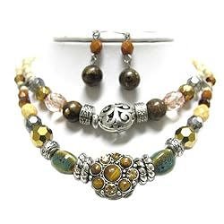Lovely Double Strand Natural Stone and Mixed Beads Necklace and Earrings Set Fashion Jewelry