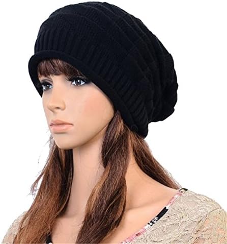 Vwhite Womens Girls Winter Knitted Skull Stripe Slouch Snowboard Hat Beanie Cap Black