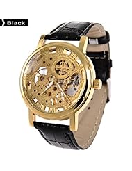 Chic PU Leather Band Semi-automatic Mechanical Wristwatch Watch Timepiece with See-through Interior for Male Female - Black