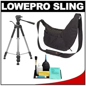 Lowepro Passport Sling Digital SLR Camera Case (Black) + Tripod + Accessory Kit for Canon Rebel XSi, XS, T1i, T2i, EOS 60D, 50D, 5D, 7D, Nikon D3000, D3100, D5000, D7000, D90, D300s, Olympus Evolt E-5, E-30, E-450, E-620 &amp; Sony Alpha A290, A390, A500, A33, A55, A550