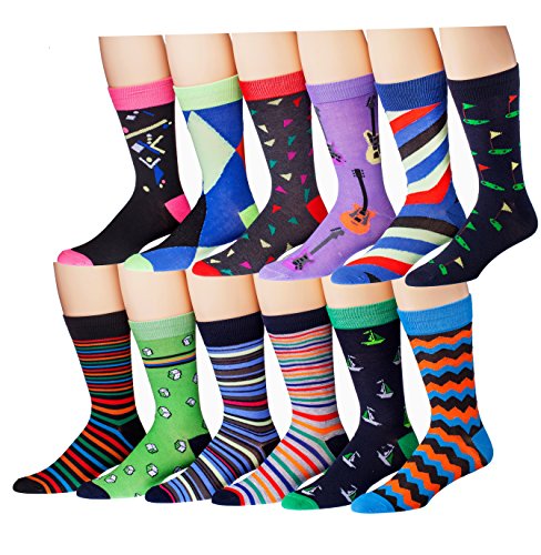 James Fiallo Mens 12 Pairs Patterned Dress Socks, Fits shoe 6-12 (sock size 10-13), M169-A-12