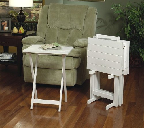 Kitchen: 5 pc tray table set with wood plank look in a white rubbed finish