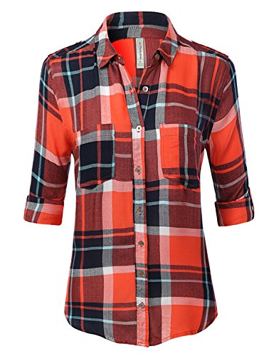 JJ Perfection Womens Plaid Herringbone Button Down Chest Pocket Collar Shirt