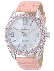 Peugeot Womens 3006PK Silver-Tone Swarovski Crystal Accented Pink Leather Strap Watch