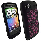 iGadgitz Black & Pink Flowers Silicone Skin Case Cover for HTC Desire S And ....