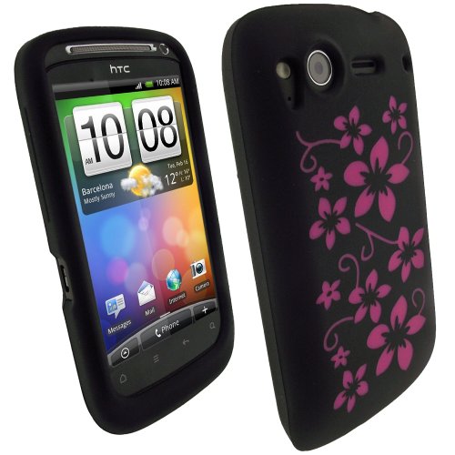 igadgitz Silikon Schutzhülle Hülle Tasche Etui Case Skin in Schwarz mit Pink Rosa Blumen Motiv für HTC Desire S Android Handy Smartphone + Display Schutzfolie