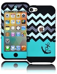 Wireless: Bastex Hybrid Case for Apple Ipod Touch 5, 5th Generation - Black Silicone Cover / Black, White & Teal Chevron Anchor Hard Shell - Bastex