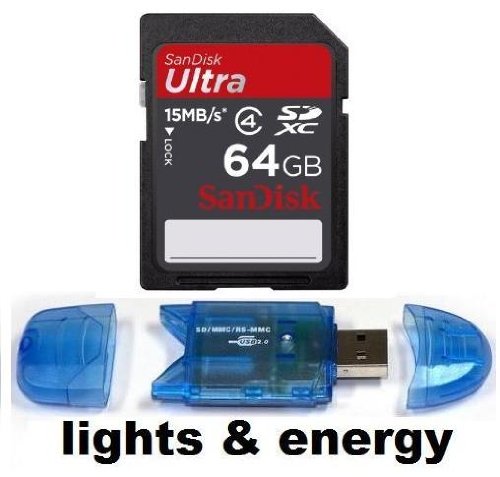 64GB SDHC SD 64 GB Sandisk Ultra Speicherkarte für Samsung HMX-H200/HMX-H300/SMX-C20/SMX-F40/SMX-F400/HMX-E10/HMX-U20/Canon LEGRIA FS 306 DVC/HF M306 AVCHD/HF S20 AVCHD/HF R16 AVCHD/Kodak PlaySport Waterproof Pocket/Zi8 Pocket/Zx5 PlaySport/Sony HDR-CX130EB/HDR-XR550VEB/HDR-CX305EB/HDR-CX130ES/DCR-SX85ES SD/HDR-CX115EL/Aiptek AHD A100/3D i2 HD/AHD H350/AHD Z700/H5extreme/AHD H250/GoPro HD Helmet HERO Set/Motorsports HERO Set/Panasonic HDC-SD80EG-T/HDC-SD800EGK/HDC-TM900EGK/HDC-SD40EG-W/SDR-T70EG-K/HDC-SD909EGK/HDC-SD99EG-K/JVC GZ-HM 330 SEU/GZ-HM440REU/GZ-HM 330 BEU/Toshiba Camileo X100 + Lights and Energy Micro USB SDHC Reader