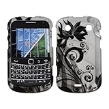 Premium - Blackberry Bold 9900 - Transparent Black Flowers on Silver Rubber ....