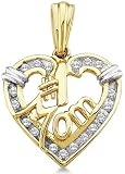 10k Yellow and White Two 2 Tone Gold #1 Mom Heart Mothers Day Round Diamond Pendant - 17mm Width * 24mm Height (1/8 cttw)