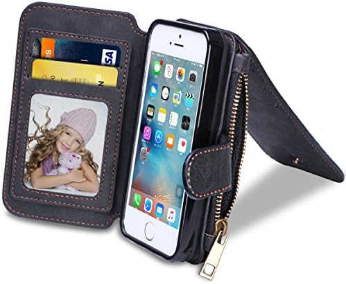 iPhone 5S Case, WINNETEK PVC Material Waterproof iPhone 5S Wallet Case, 2 in 1 Zipper Purse with Card Slots Detachable Shockproof Soft Rubber Bumper Case for iPhone 5 5s - Black