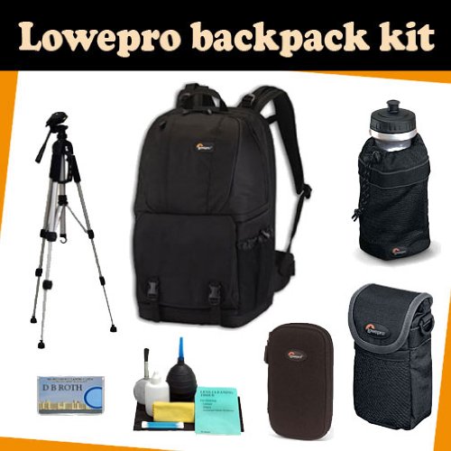 LowePro Backpack kit which includes the Lowepro Fastpack 350 (Black) + TR-60N Camera Tripod + Sliplock pouch 10 + DMC-Z wallet for memory card(s), batteries, Mini DV tapes and more + Lowepro Mesh Water Bottle Bag for 32oz. Size Bottles + Camera lens Cleaning kit + DB ROTH Micro Fiber Cloth.