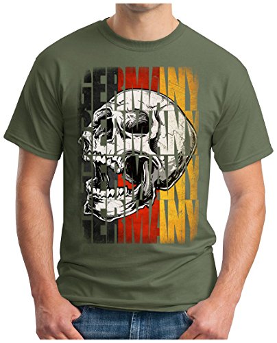 OM3 – GERMANY-SKULL – T-Shirt DEUTSCHLAND EM 2016 FRANKREICH FRANCE FUSSBALL FANSHIRT SOCCER SPORT TRIKOT EUROPAMEISTER, 3XL, oliv