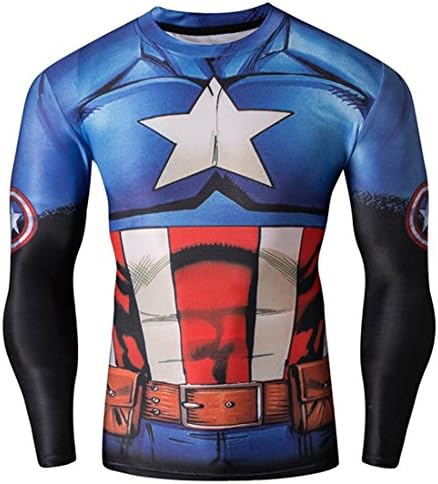Christine Hahn Mens Super Hero Theme Long Sleeve Speed Drying Sport T-Shirts Captain America A M