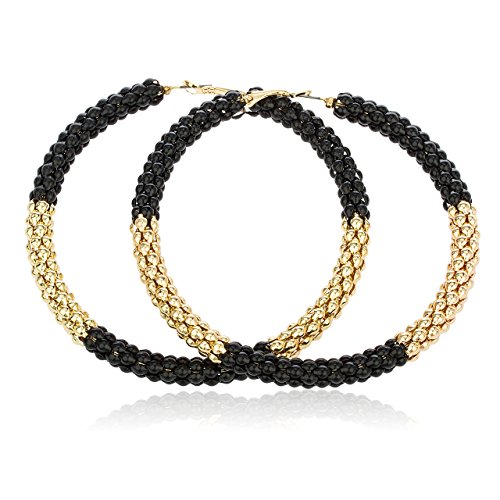 Goldtone with Black Mesh Pattern Large 3.25 Inch Hoop Earrings