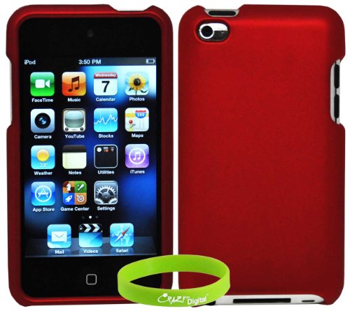 CrazyOnDigital iTouch 4 4G 4th & 5 5G 5th Generation Red Rubberized Plastic 2pc Case and Free Wristband