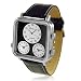 Bling Jewelry Geneva Platinum Stainless Steel Back Time Zone Square Dial Genuine Black Leather Watch
