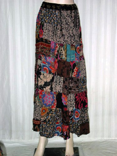 Fashion Skirts- Smoky Black Wide Patchwork Long Gypsy Hippie Tiered Skirt Free Shipping