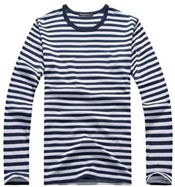 Oure Men Cotton Long Sleeve Striped T Shirts Crewneck V-neck Casual Shirts (M, Crewneck-Deep blue)