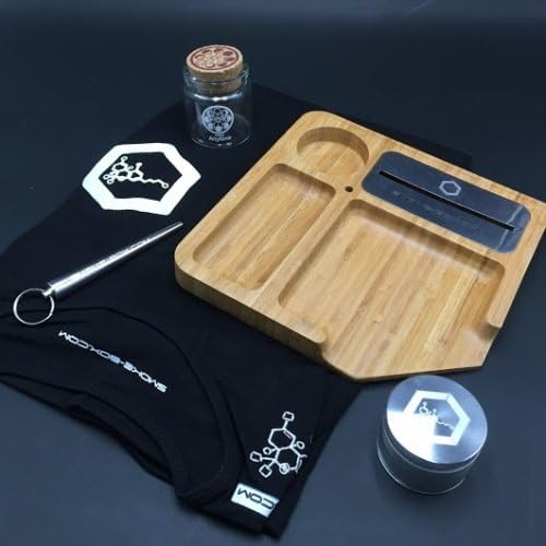 Bundle - 5 Items: Smoke Box Rolling Tray, Grinder, Cone Maker, Glass Jar, T-shirt