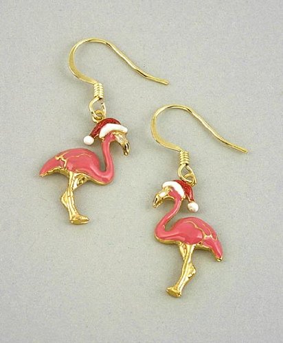 Festive flamingo in a santa hat french wire earrings