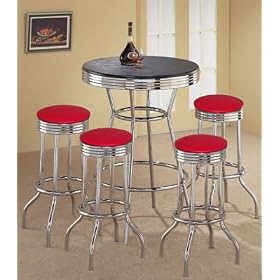 4 Red Vinyl Barstools and Black Table Set by The Furniture Cove