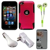 Metallic Pink Protective Rubberized Crystal Hard Snap-on Case and Black Silicone Gel Skin for Apple iPod Touch 4th Generation (8GB, 16GB, 32GB, 64GB) + INCLUDES!!! Mirror Screen Protector + INCLUDES White USB Home Charger + INCLUDES White USB Car Charger + INCLUDES Green Hifi Noise Reducing Headphones / Earbuds