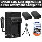 2 Pack Battery Kit For Canon EOS 60D Digital SLR Camera Includes 2 Extended Replacement LP-E6 (2200 mAH) Battery (with Info-Chip!) + 2 Ac/Dc Rapid Travel Battery Charger + Mini Tripod + LCD Screen Protectors. Battery Shows time on LCD!