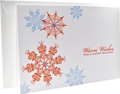 Hand-printed Elegant Letterpress Holiday Card, "Warm Wishes for a Happy Holiday," Red and Cerulean on White, Single Card and Envelope