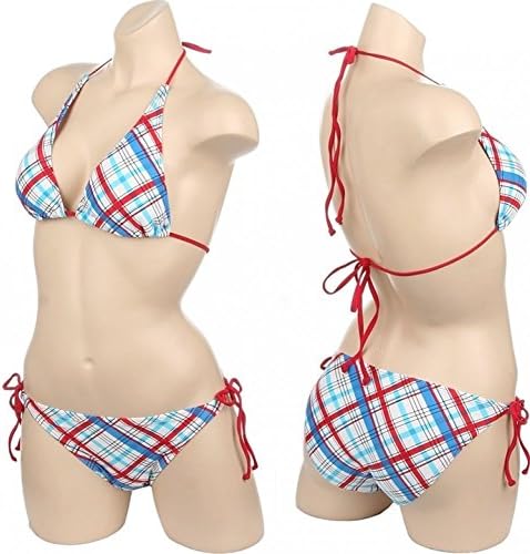 Plaid Color Stripes Print 2 Piece Side Tie Junior Womens Bikini [S - White/Re...