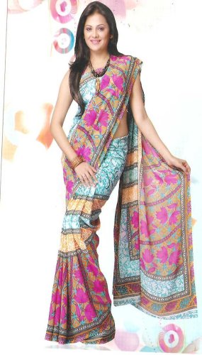 Pink Flowers Georgette Based Printed Sari / Saree / Wrap