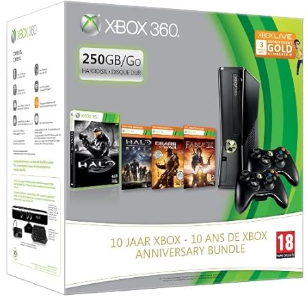 Console Xbox 360 250 Go + 2 Manettes sans fil noire pour Xbox 360 + Halo combat evolved Anniversary + Halo Reach + Fable III + Gears of War 2 + Carte Xbox Live Gold 3 mois