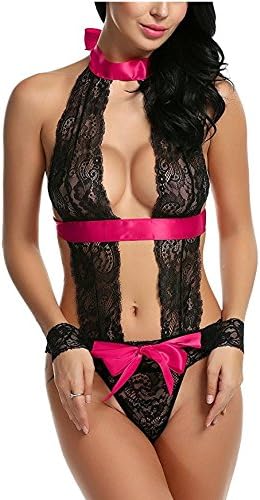 Jaylaka Womens Halter Top Lace Babydoll Lingerie Naughty Sexy Lingerie One Piece (M, Rose Red)
