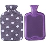 HomeTop Premium Classic Rubber Hot or Cold Water Bottle with Soft Fleece Cover (2 Liters, Purple / Gray Polka Dot)
