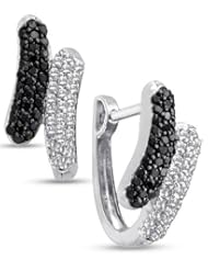 14K White Gold Round Brilliant Cut Black and White Diamond - Channel Set Round Circle Hoop Earrings - (1/2 cttw.)