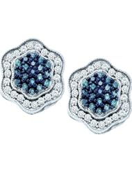 10K White Gold 0.75CT Blue Diamond Flower Earrings