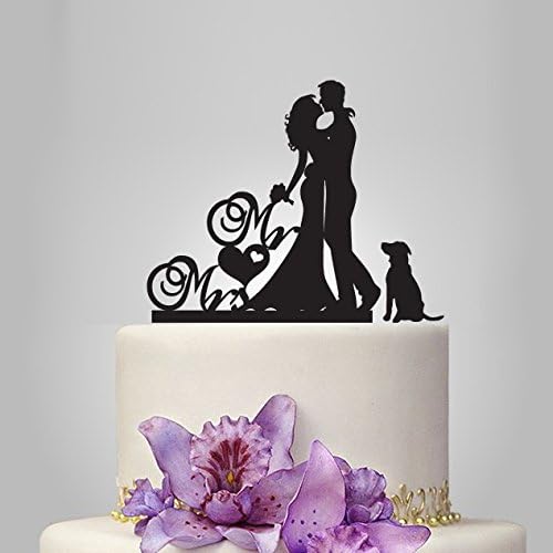 Buythrow Wedding Cake Toppers with Dog, Bride and Groom Silhouette, Mr and Mrs