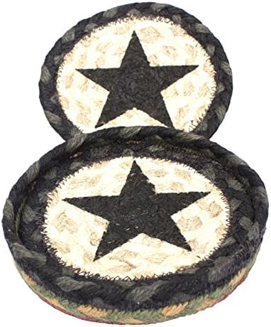 Capitol Earth Rugs 5'' Set of 4 Primitive Jute Coasters in Jute Basket (Black Star)