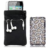APPLE IPOD TOUCH 4TH GEN 4 PC LUXURY GIFT ACCESSORY PACK - LEOPARD SPOTS DIAMANTE CASE / COVER / SHELL / SHIELD, SCREEN PROTECTOR, HEADSET, POUCH CASE PART OF THE QUBITS ACCESSORIES RANGE