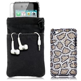 APPLE IPOD TOUCH 4TH GEN 4 PC LUXURY GIFT ACCESSORY PACK - LEOPARD SPOTS DIAMANTE CASE / COVER / SHELL / SHIELD, SCREEN PROTECTOR, HEADSET, POUCH CASE PART OF THE QUBITS ACCESSORIES RANGE