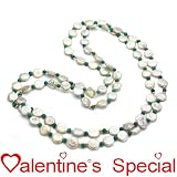14k Yellow Gold 10-11mm White Coin Freshwater Pearl with 24pcs 3mm Yellow Gold Beads and 4mm Round Green Magnesite Endless Necklace 48" Length.
