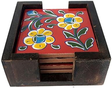 Ratoomal Handcrafted Wooden Coaster Set W/Blue Pottery Tiles Art Home Décor Accent