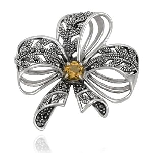 Sterling Silver Marcasite and Citrine Ribbon Pin by